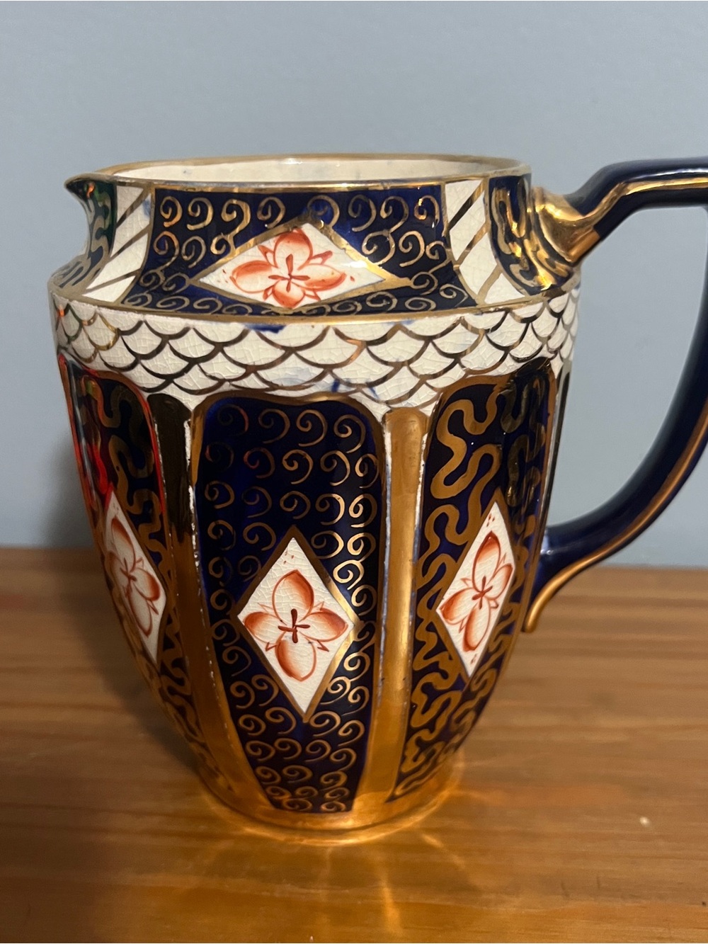 Navy Blue and Gold Hand-Painted Ceramic Pitcher with Floral Panels-English Imari